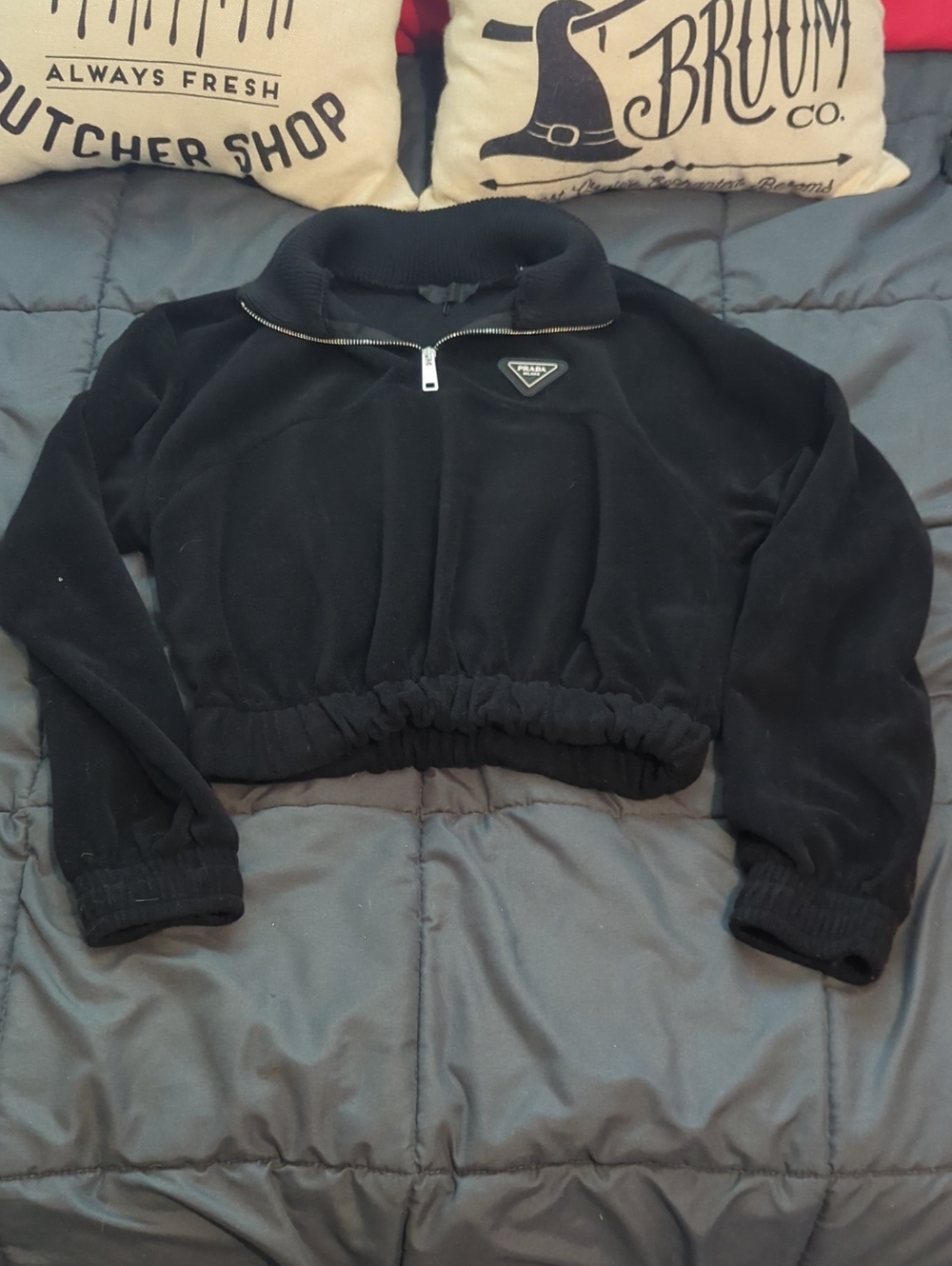 Authentic Prada Black Cropped Half-Zip Sweatshirt Size Small